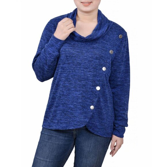 Ny Collection Womens Petites Asymmetrical Cowl Neck Button-Up Sweater Blue PS - Picture 5 of 5